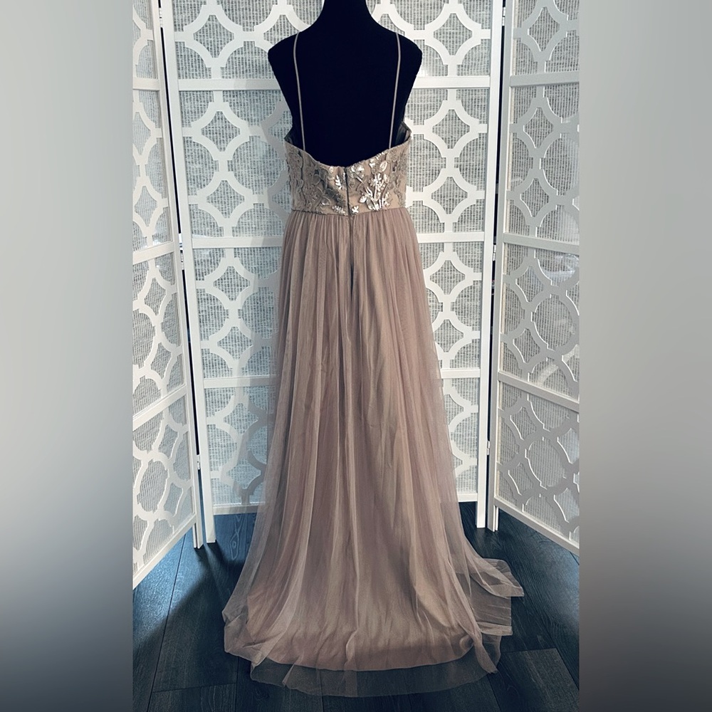 NWT SZ 10 AMSALE Formal Dress Sequins Lace Tulle Maxi Latte Taupe Sora Champagne - Picture 4 of 12